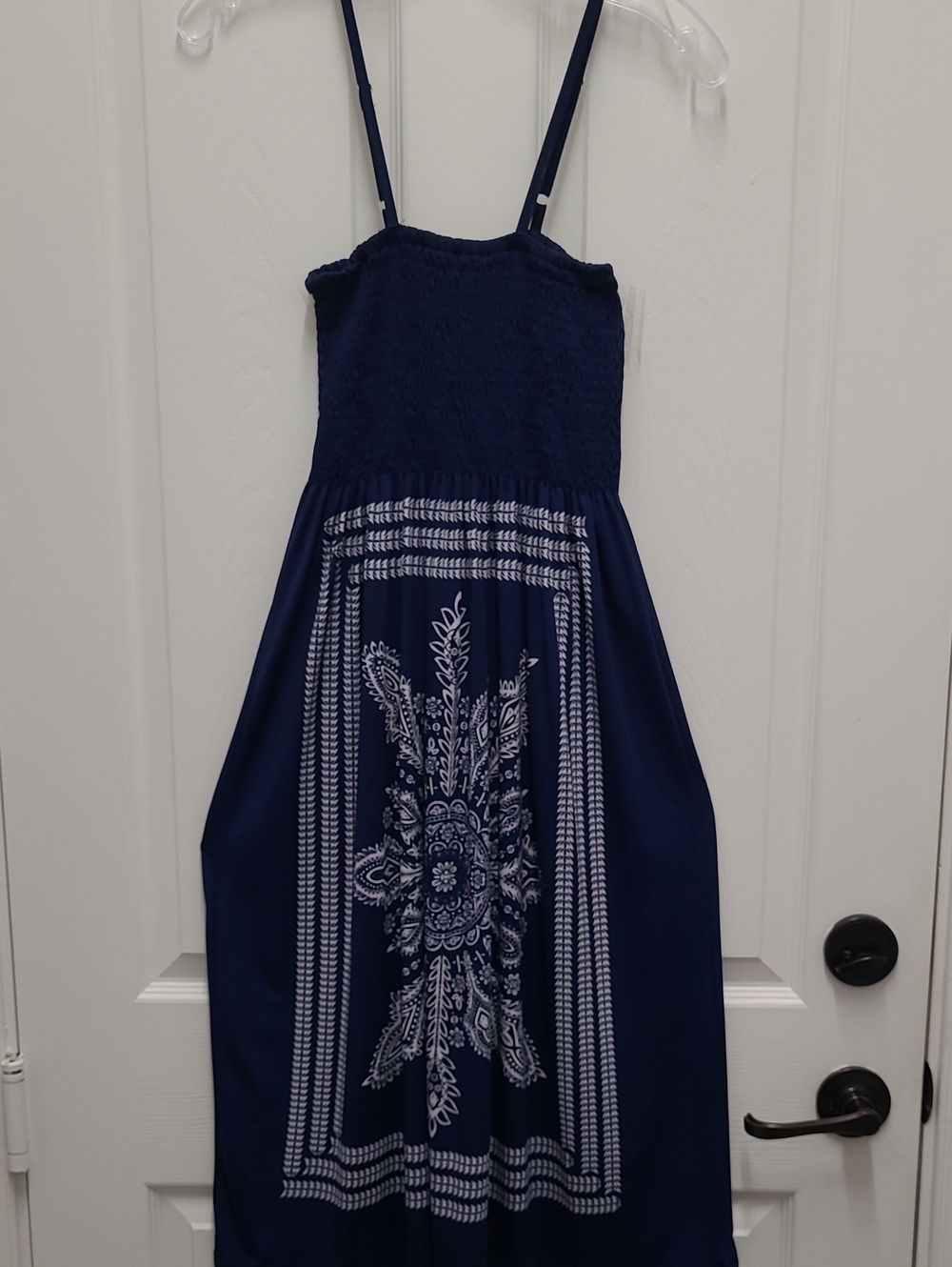 Cristinalove Navy Blue Paisley Midi Dress with White Print